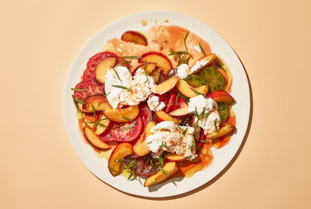 Peaches and Tomatoes With Burrata and Hot Sauce