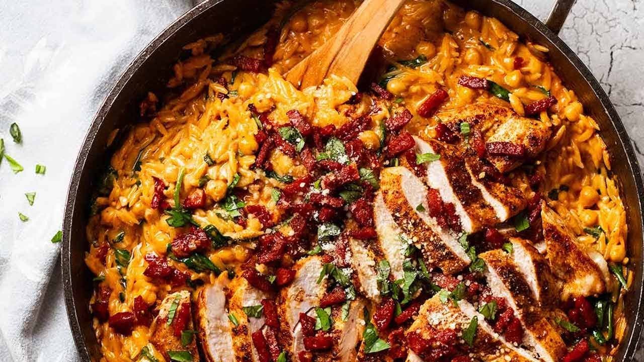 One pot chicken risoni with crispy salami